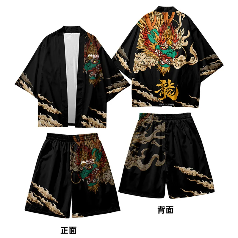 

Hot Sale Two-Piece Suit Japanese Cardigan Women Men Cosplay Yukata Clothing Harajuku Retro Samurai Kimono Shorts Pants Sets 6XL