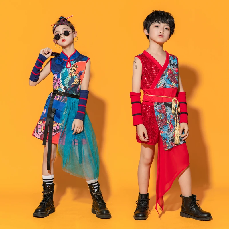 Traje de dança estilo chinês para crianças, roupas de hip hop, maré nacional, jazz, desfile de modelos, meninas e meninos, cheongsam