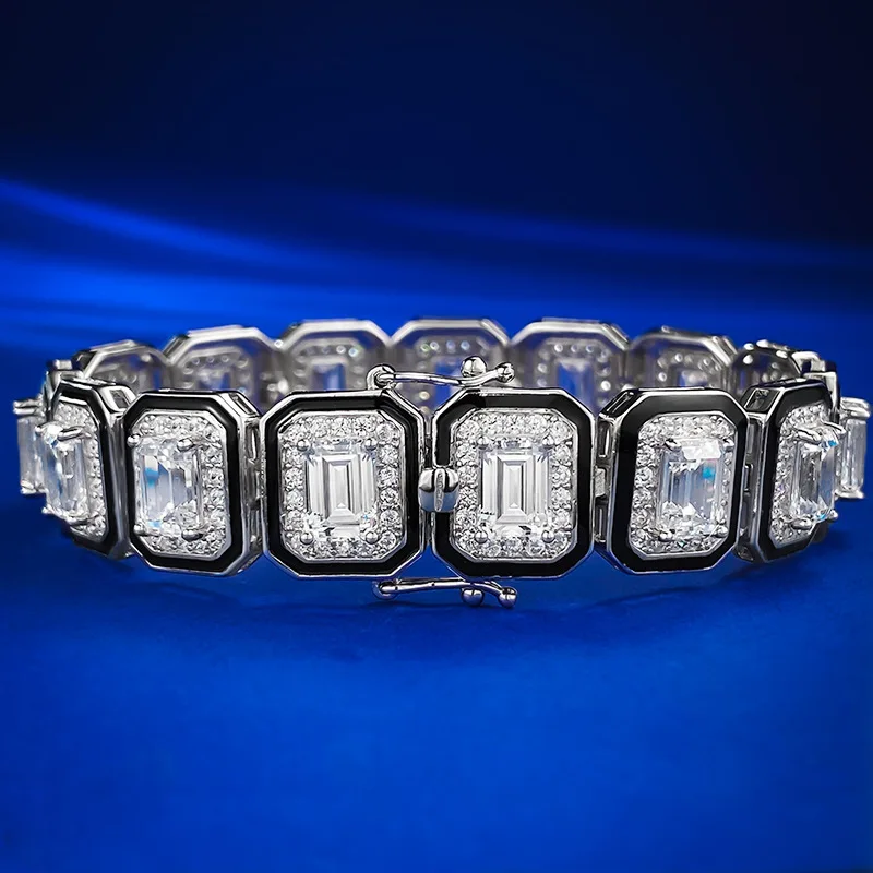 2024 New S925 Pure Silver Luxury Style Full Diamond Inlaid Emerald Cut Black Enamel Fashion Bracelet Hot selling Jewelry