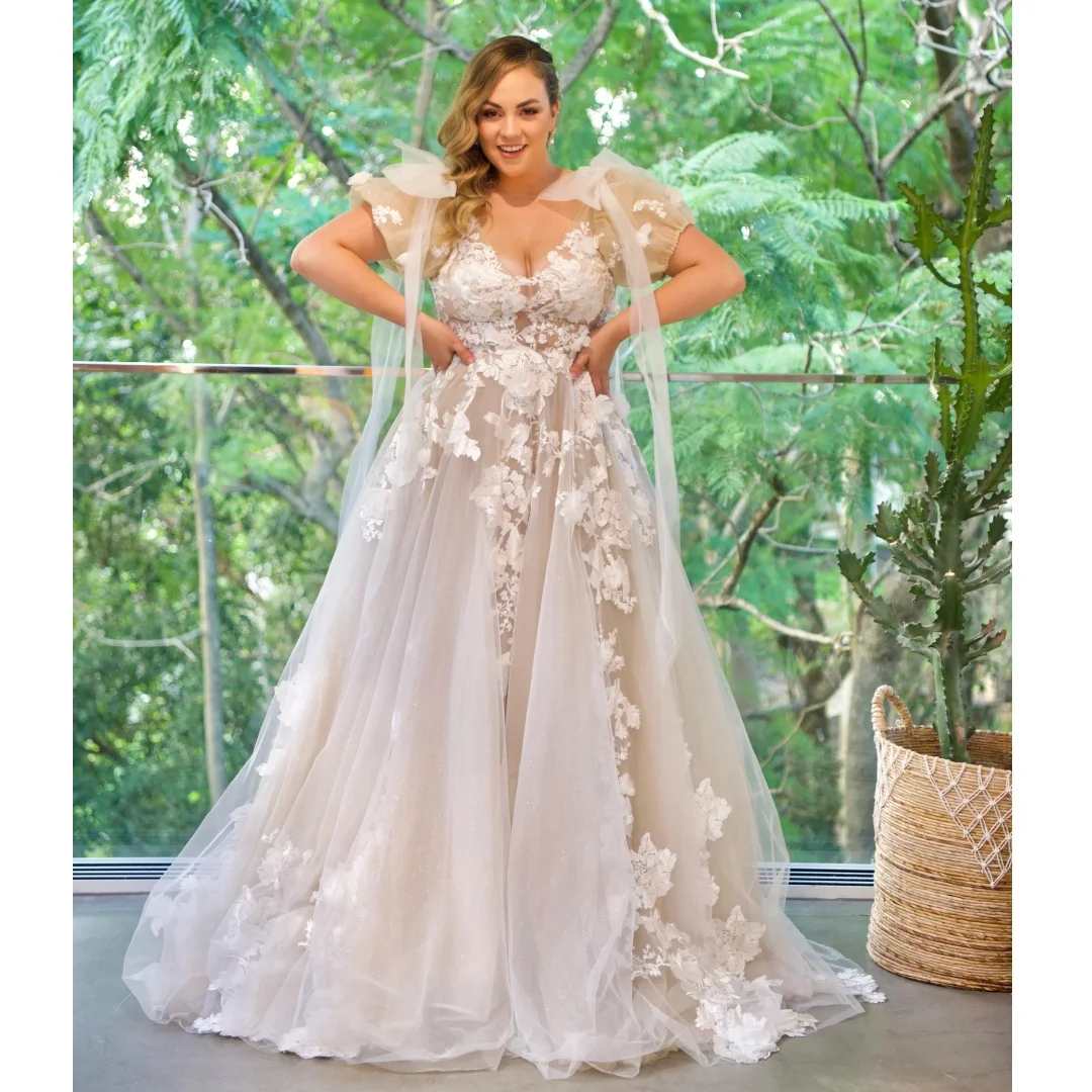 

V Neck Wedding Dresses Plus Size Puff Sleeves Slim Vestido de Novia Elegant Reception Gown Customized Flowers Robe De Soirée
