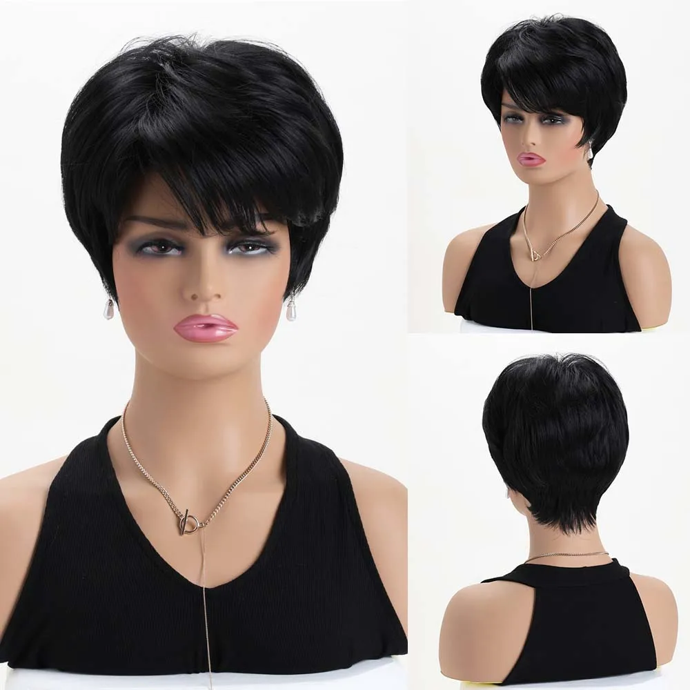 

Synthetic Black Short Straight Wigs With Pixie Cut Bang Bob Layered Hair Wig for Women Daily Cosplay Party Heat Resistant