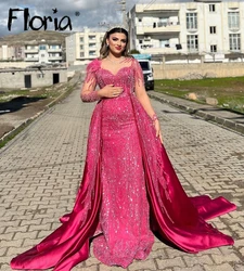 High Quality Hot Pink Two Pieces Lace Appliqued Evening Dress With Satin Overskirt Arabic Long Sleeve Wedding Dinner Party Gowns