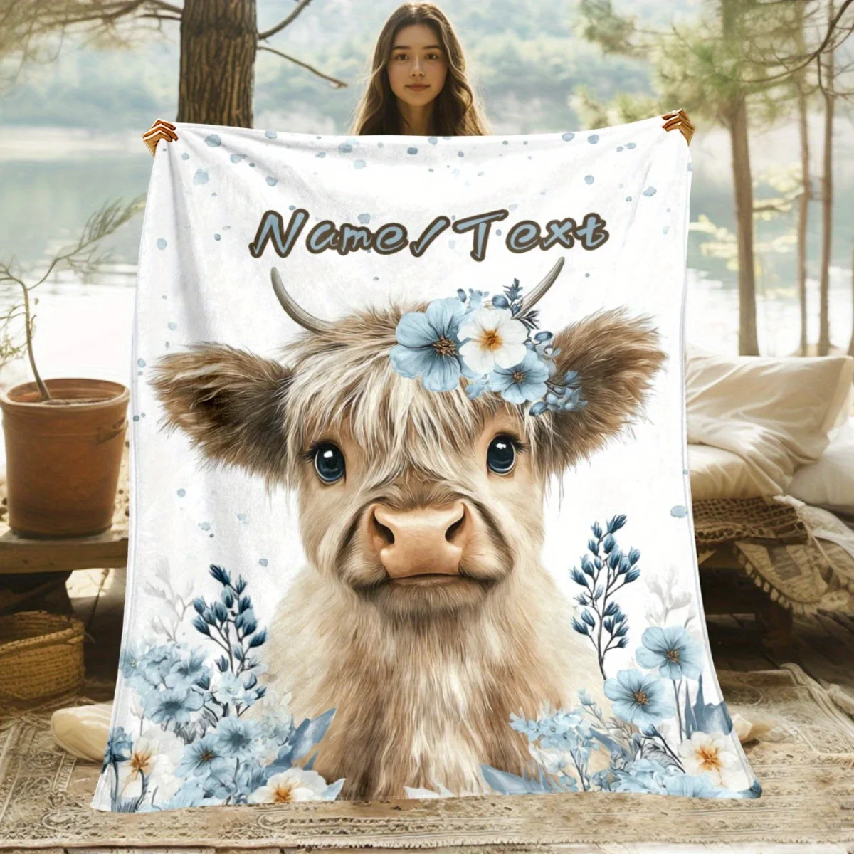 Custom name highland cow flannel blanket, suitable for sofa, bed, birthday, children, boys, girls, friends, gifts.