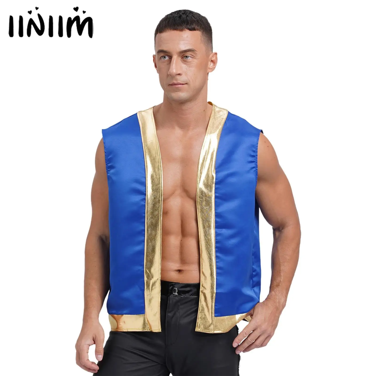 Mens Shiny Metallic Arabian Prince Captain Lamp Halloween Cosplay Costume Open Front Toad Waistcoat Vests Tops Carnival Clubwear