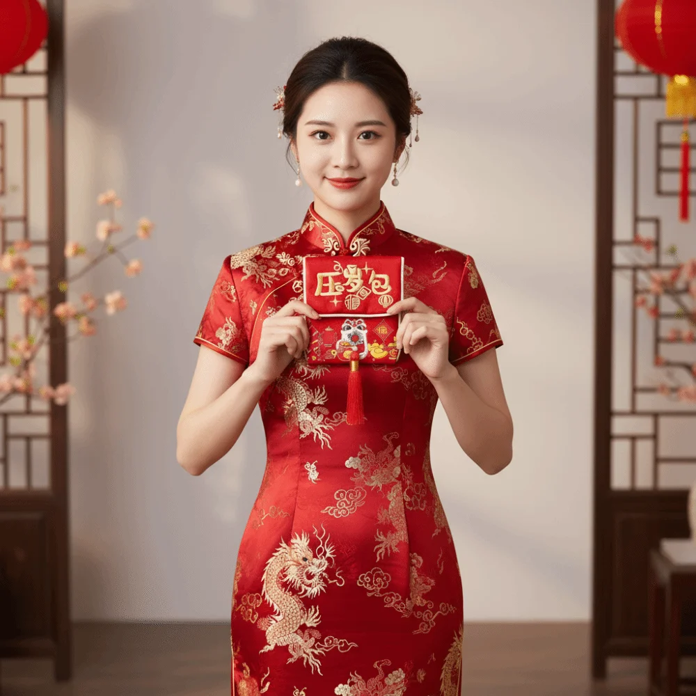 

Традиционный красный кошелек к Китайскому Новому году, вышитый брокатом, с благословением, детский денежный мешочек, счастливый конверт Хунбао, подарок