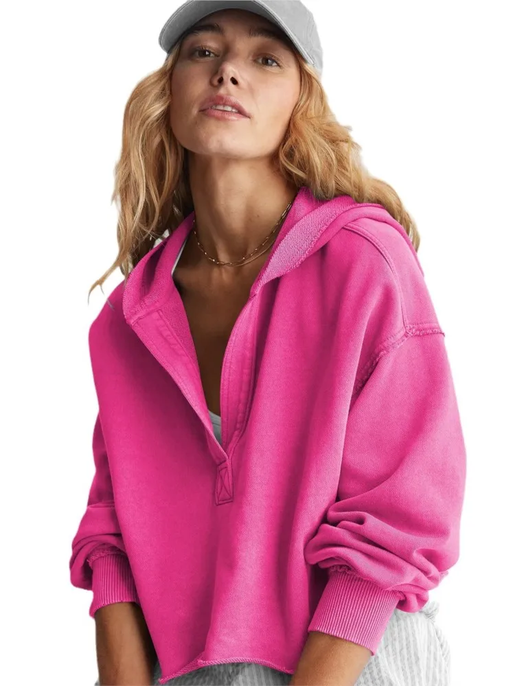 Spring Autumn Women's Hooded Sweatshirt Long Sleeve Solid Color V Neck Crop Hoodie,Casual Loose V Neck Long Sleeve Pullovers Top