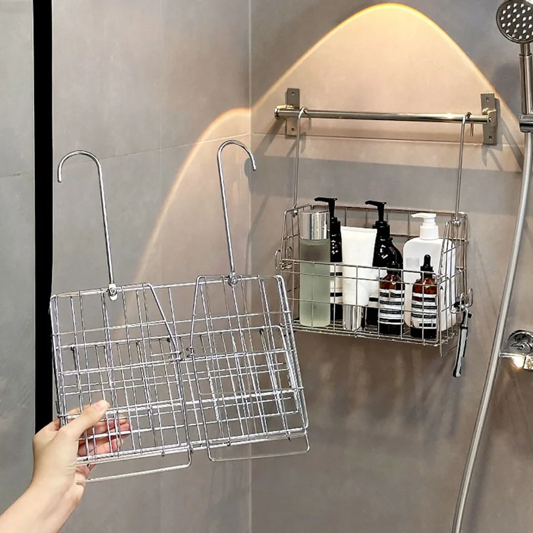 FAST-Multifunctional Stainless Steel Storage Basket Bathroom Portable Hanging Organizer Shampoo/Toilet Roll Capacity