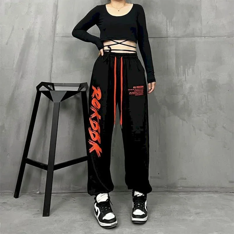 Calça reta de rua alta com cordão hip-hop moda coreana feminina y2k impressa solta esportiva moletom roupas femininas