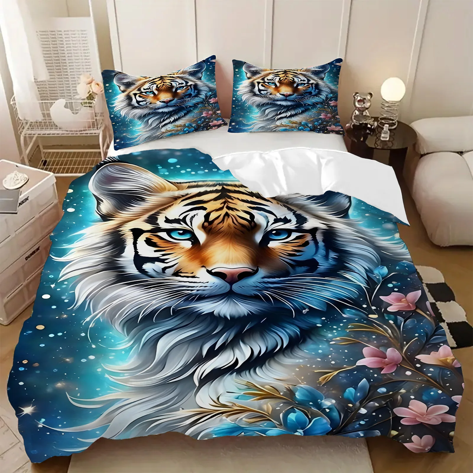 

Retro Forest Tiger 3D Printed Quilt cover pillowcase Blue Gold Flower Bedding Set for Kids Teens Adults Wildlife Quilt cover