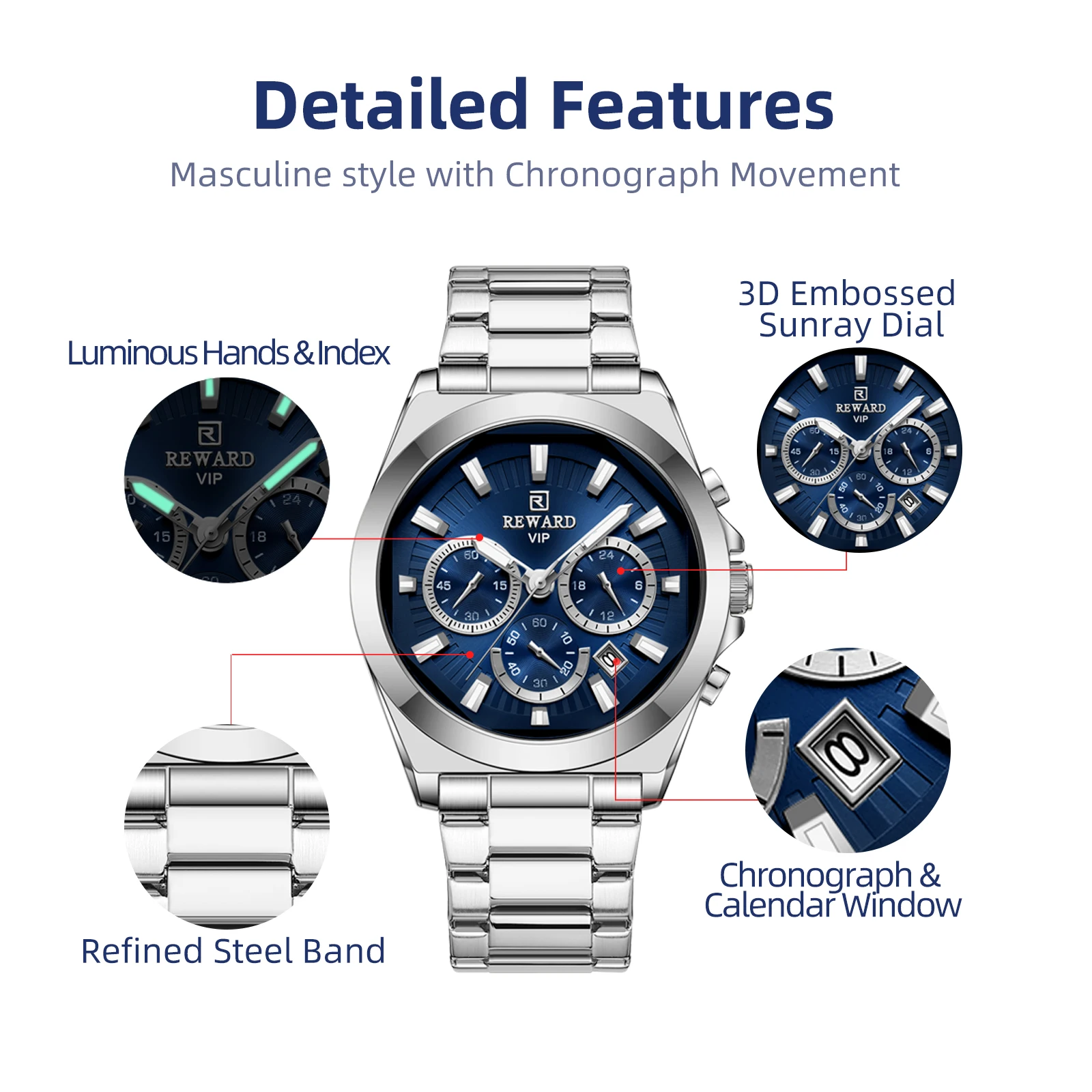 REWARD VIP Quartz Watches for Men Business Stainless Steel Wristwatch Chronograph Luminous Waterproof Date Sport Watch for Men