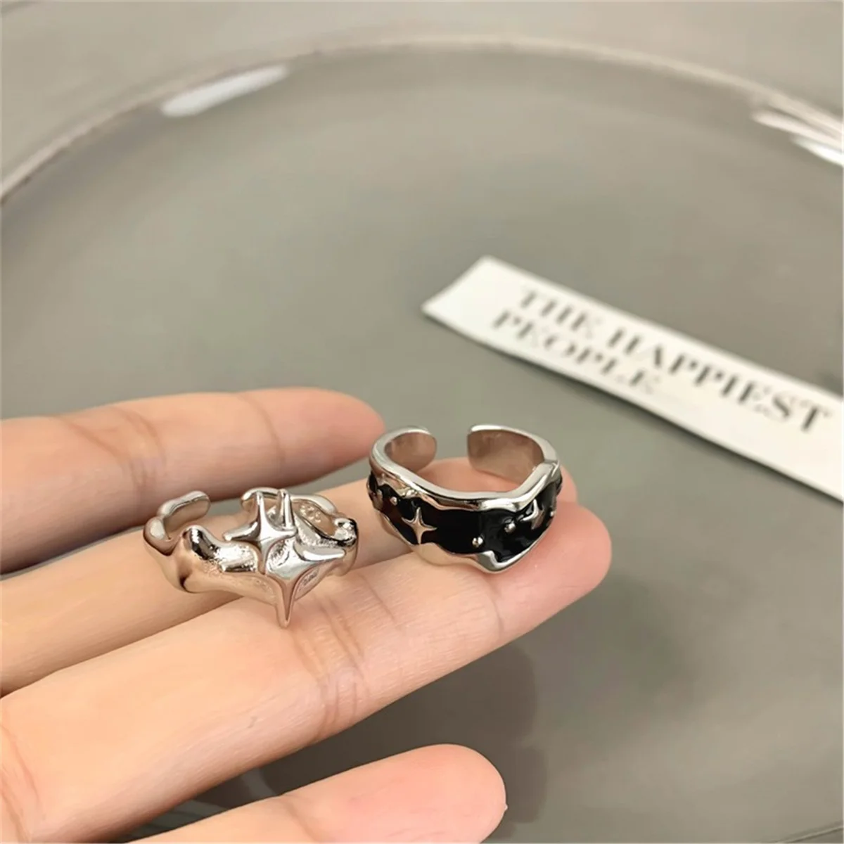 Vintage Black Drip Oil Stars Irregular Open Rings for Women Fashion Jewelry Creative Adjustable Ring