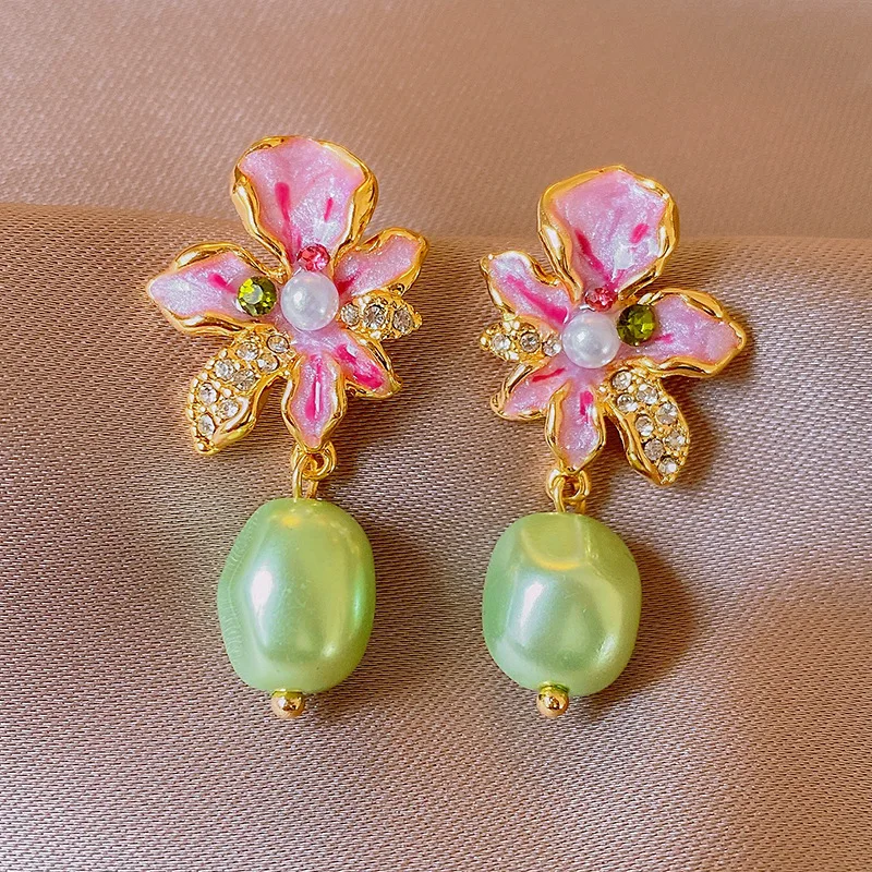 Vintage Pink Drip Oil Magnolia Petal Green Faux Pearl Drop Earrings For Women Trendy Glaze Ears Jewelry Gifts Party Casual Decor