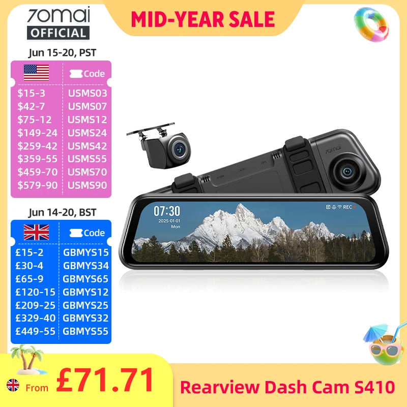 70mai Rearview Dash Cam S410 9.35 Inch Touch Screen Dual-channel Record HDR 1440P 138 FOV 70mai Car DVR S410 Supercapatior