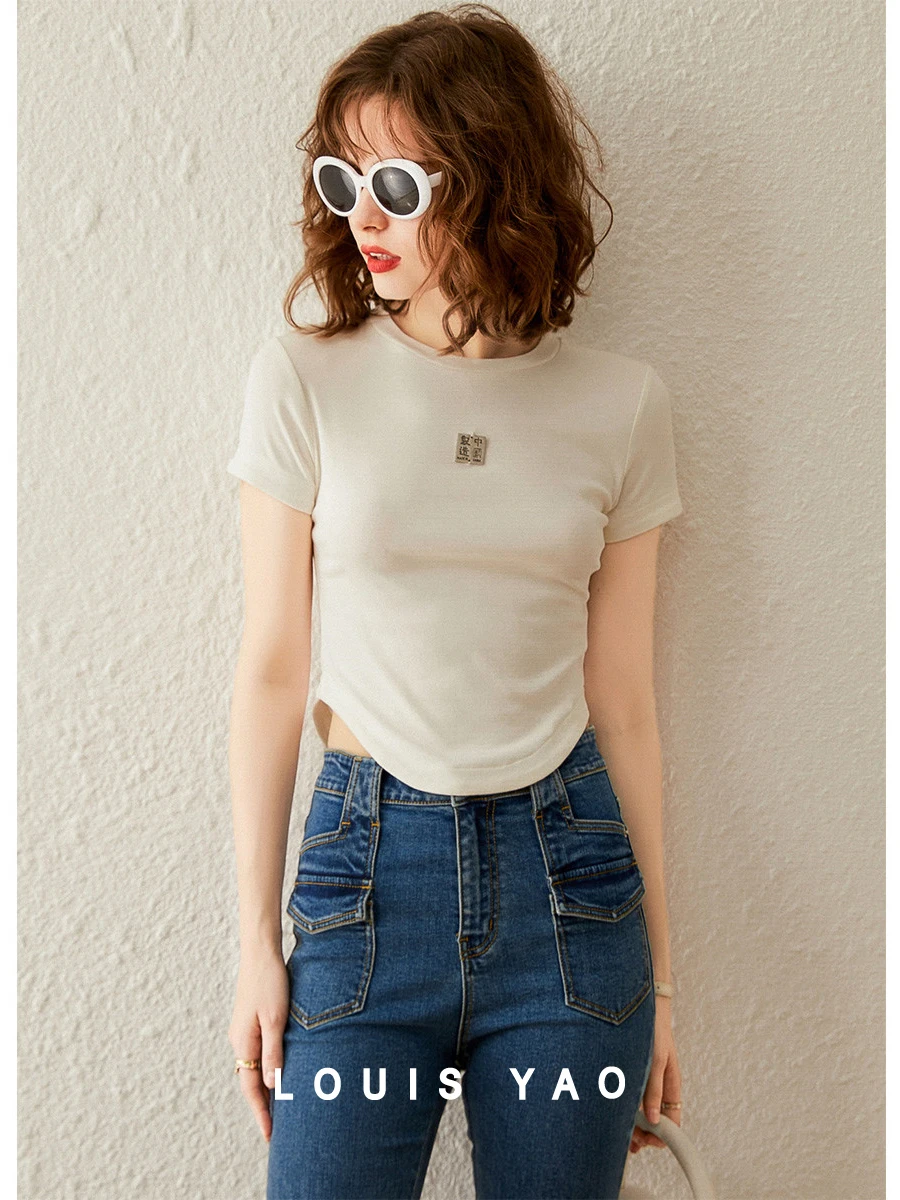 

LOUIS YAO Women Tee 2024 Summer Round Neck Short Sleeve T-shirt Casual Slim Fit Solid Color Basic Pullover Black White Top