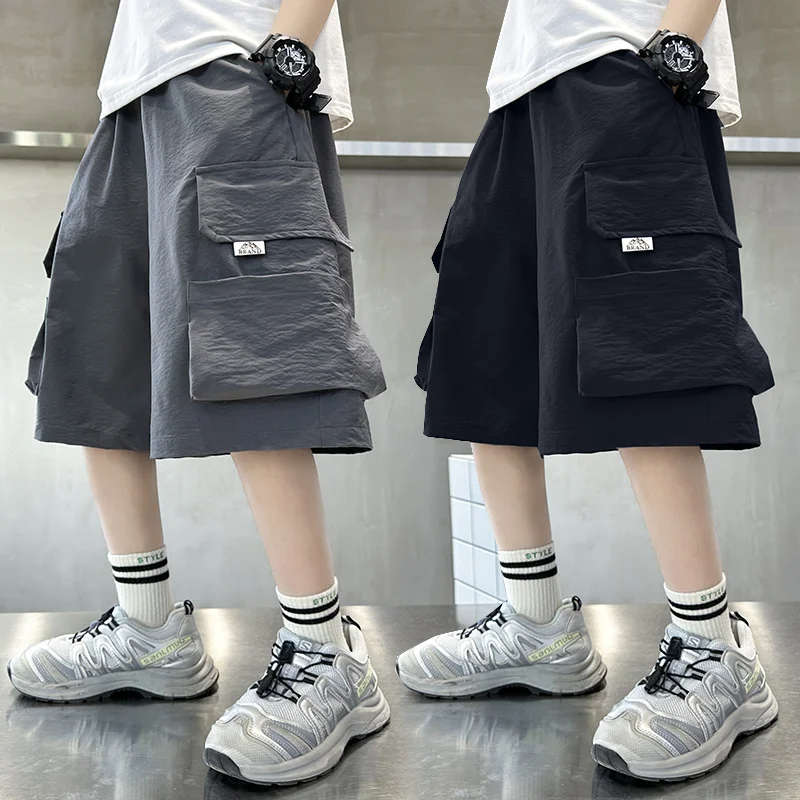 

New Summer Kids Child Loose Casual Cargo Shorts With Big Pocket on The Side For Teens Boy Fashion Knee Length Capris Pants 5-14T