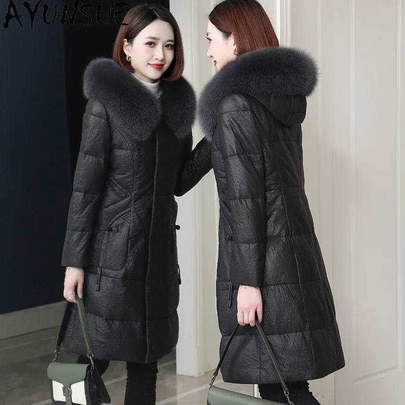 AYUNSUE 탑 레이어 양피 정품 가죽 자켓 여성 여우 모피 칼라 여성 겨울 의류 겉옷 Casaco Feminino의 새로운 기능