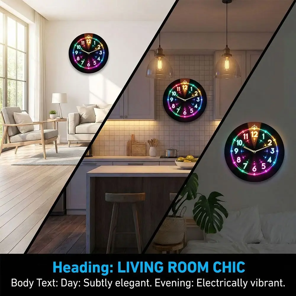 Retro 2D Flat Wall Clock Round Silent Wooden Alarm Clock LED Digital Display Early Education Electronic Color Clock Bedroom