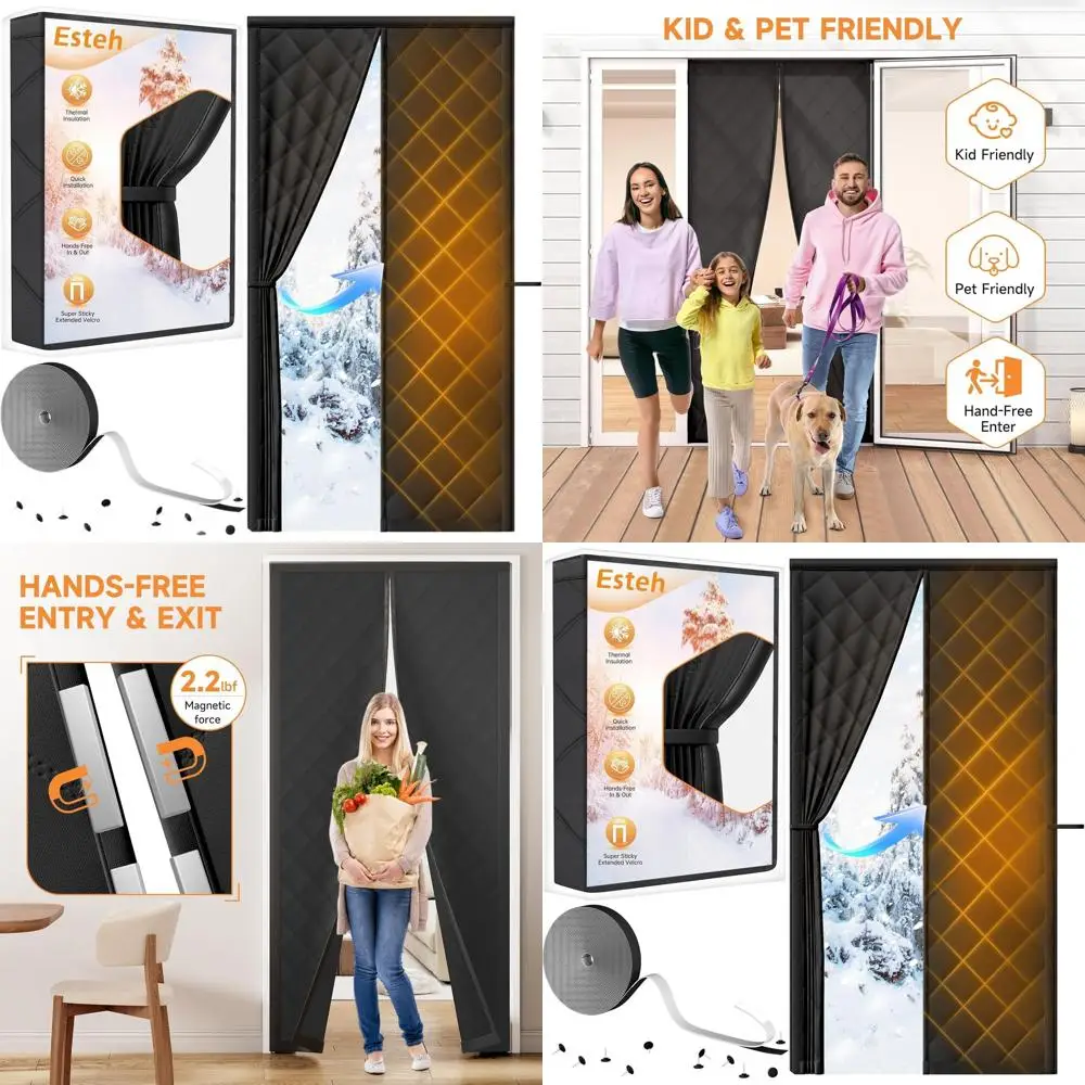 

Дверная занавеска с толстой хлопковой изоляцией, 72x80, зимний термозащитный барьер для холода, комплект изоляции раздвижной двери - черный