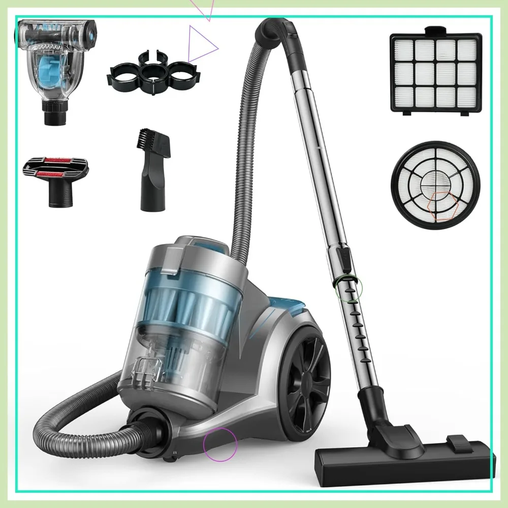 1700W Canister Vacuum Cleaner, 45Kpa Bagless, Multi-Cyclonic, HEPA Filters, 3.5QT Dust Cup, Corded for Hard Floor & Pet Hair