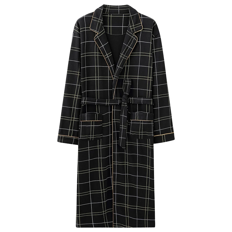 Spring Autumn Plaid Bathrobe Men Sleep Top Kimono Robes For Male Full Pure Cotton Long Bath Robe Bride Robe Dressing Gown M-4XL