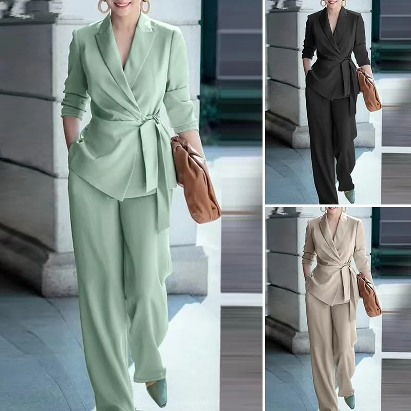 Foreign Trade Amazon Europe, America The Middle East Autumn Winter New Solid Color Temperament Lace-up Suit Fashion Suit Women