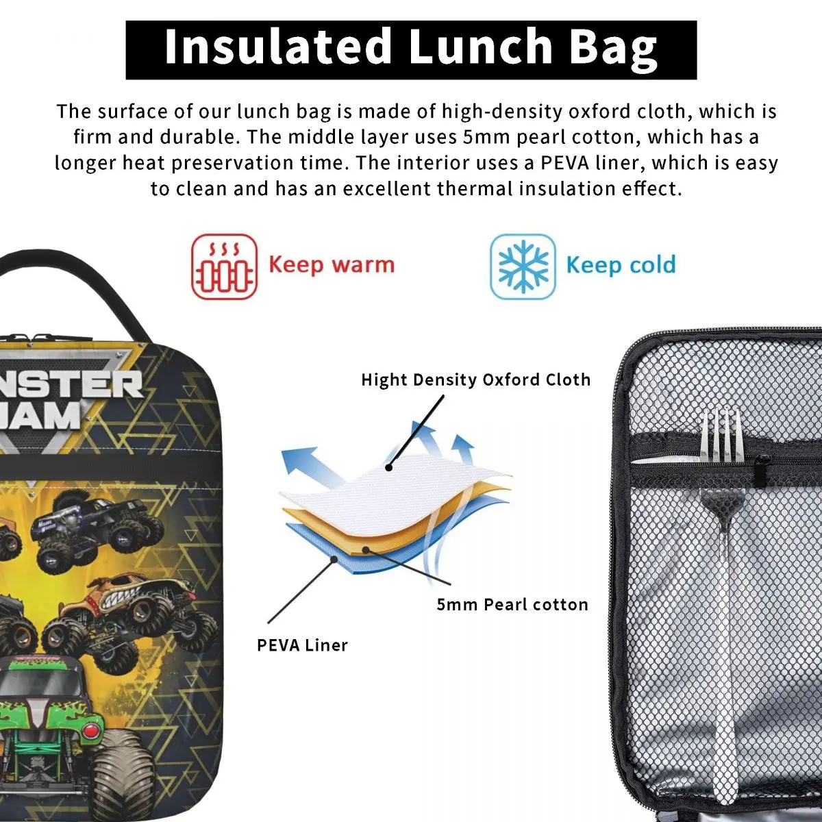 Monster Jam Insulated Lunch Bag High Capacity Monster Trucks Meal Container Cooler Bag Tote Lunch Box College Picnic Men Women