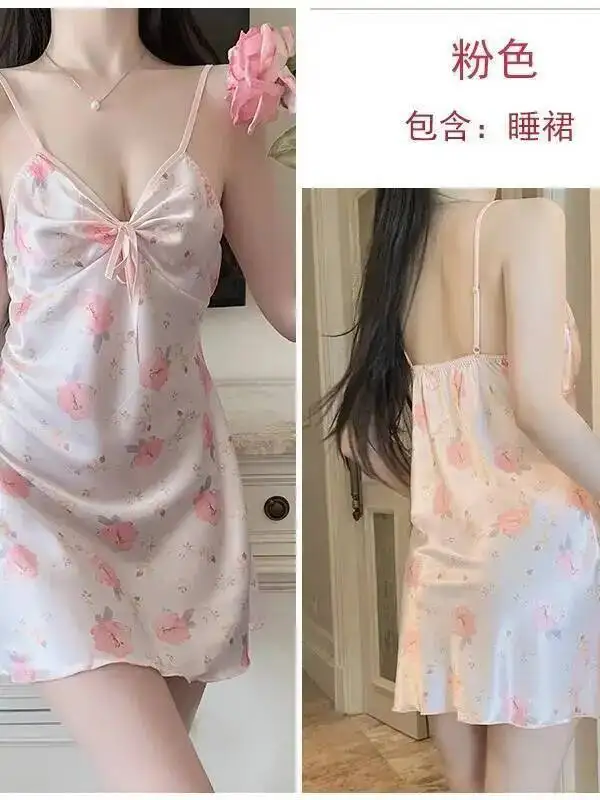 우아한 순수한 욕망 느긋한 부드러운 아이스 실크 달콤한 프린트 섹시 드레스 홈웨어 백리스 딥 V 슬리브리스 드레스 달콤한 Q7RI