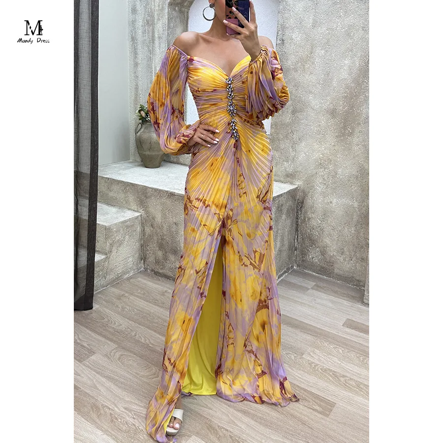 

Elegant Sexy Evening Dress Women Long Sleeve Pleated Split Prom Gown Fashion Print Loose Lady Maxi Dresses