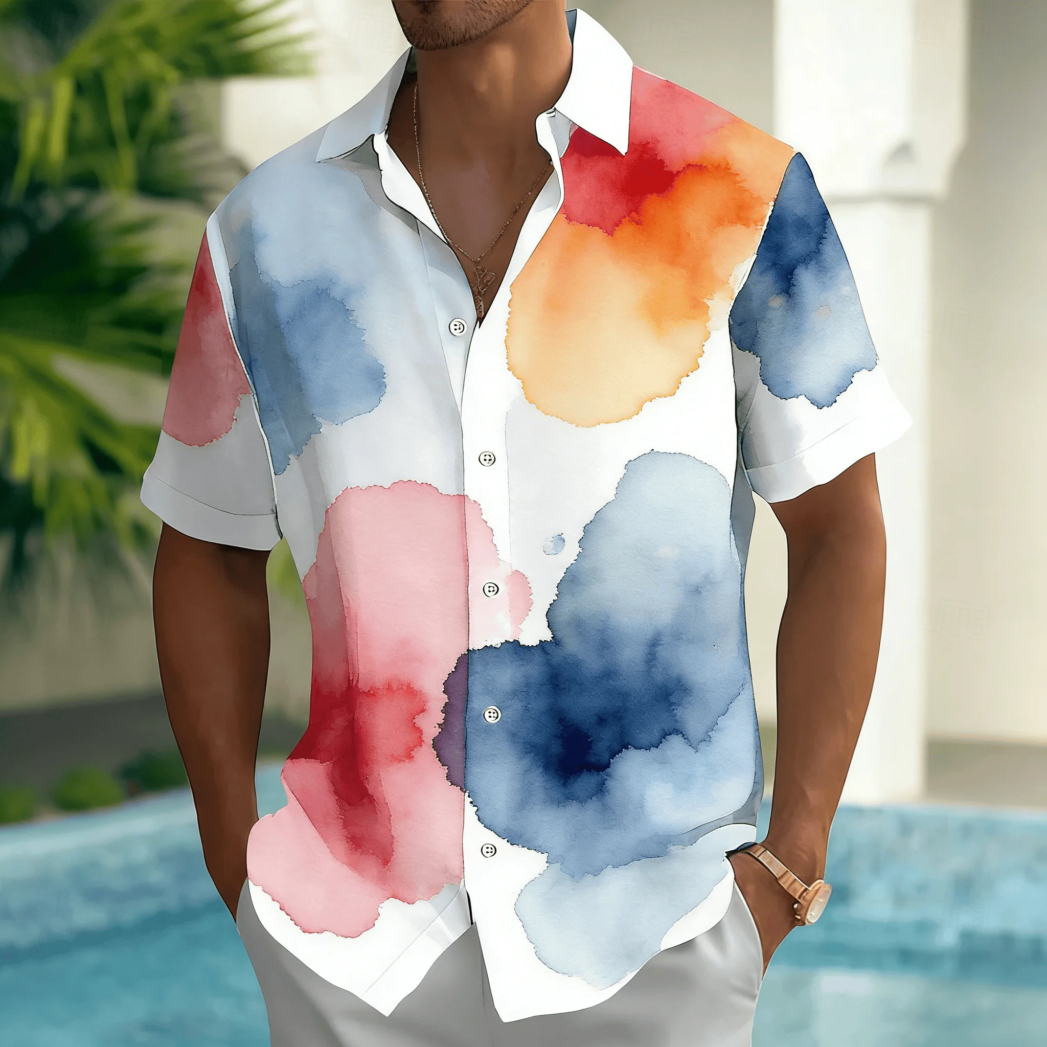 

Men's Ombre Print Short Sleeve Shirt, Artistic Red Blue Orange Gradient Button Down for Spring Summer Casual