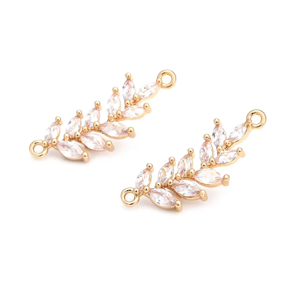 18K Gold Color Brass Zircon Charms, Tree Leaf, Leaves Connect, Pingentes, Fazer Jóias, Acessórios DIY, 2 Buracos, Alta Qualidade