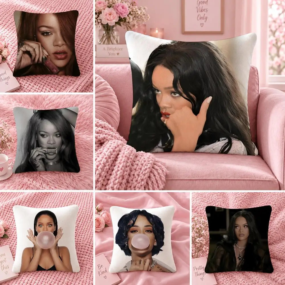 Singer Pop Music R-Rihanna Cushion Cover Double Sided Print Short Plush Pillow Sofa Bedroom Dorm Room Decor Gift
