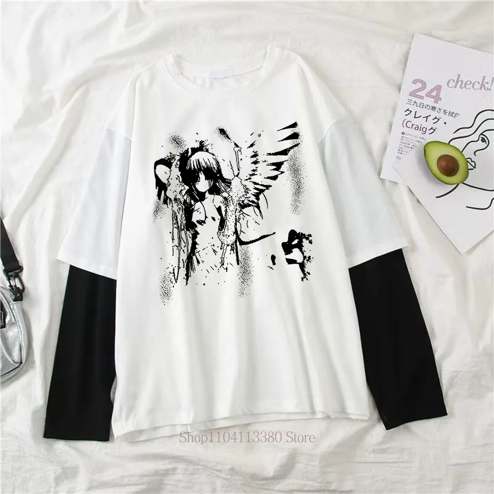 Damen Gothic Y2K Grafik-Print Fake-Two-Layer Langarm-T-Shirts – Modische Retro Casual Loose High Street Fake-Two-Layer Langarm-Tees – Detail 5