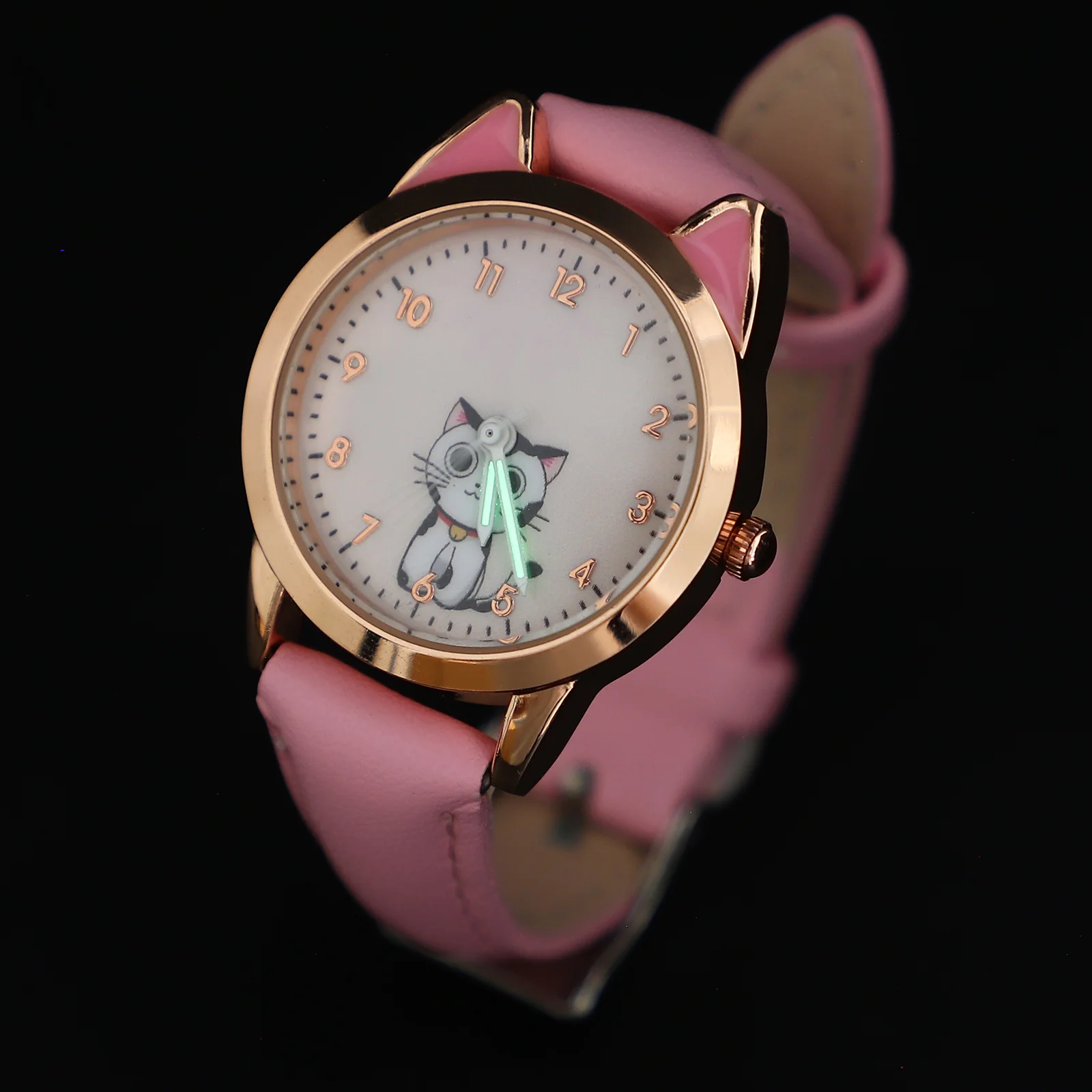 Creative Cartoon Kids Watches Cat Ear Shaped Luminous Wristwatch Girls Gift