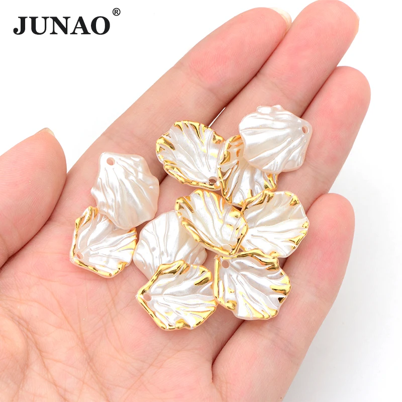 JUNAO New Style 50Pcs 16mm White Shell Petals Beads Sewing Acrylic Gold Edge Shell Cabochon Rhinestone For DIY Handicrafts Carft