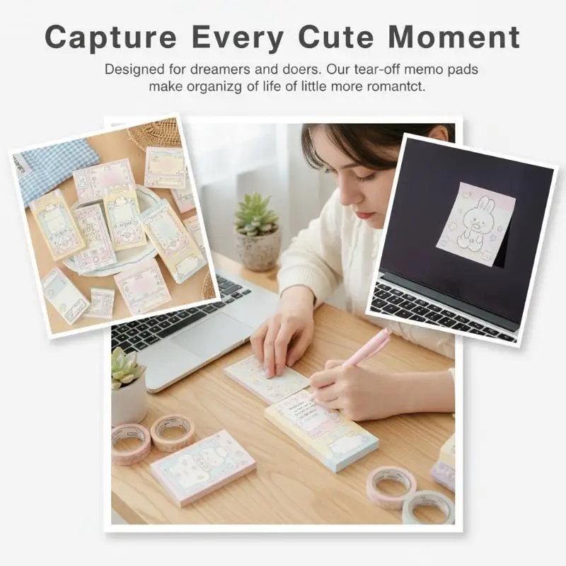 100Sheets/Book Cute Cartoon Non Adhesive Memo Book INS Style Tearable Non Sticky Message Notebook Handwritten Notes Notepad
