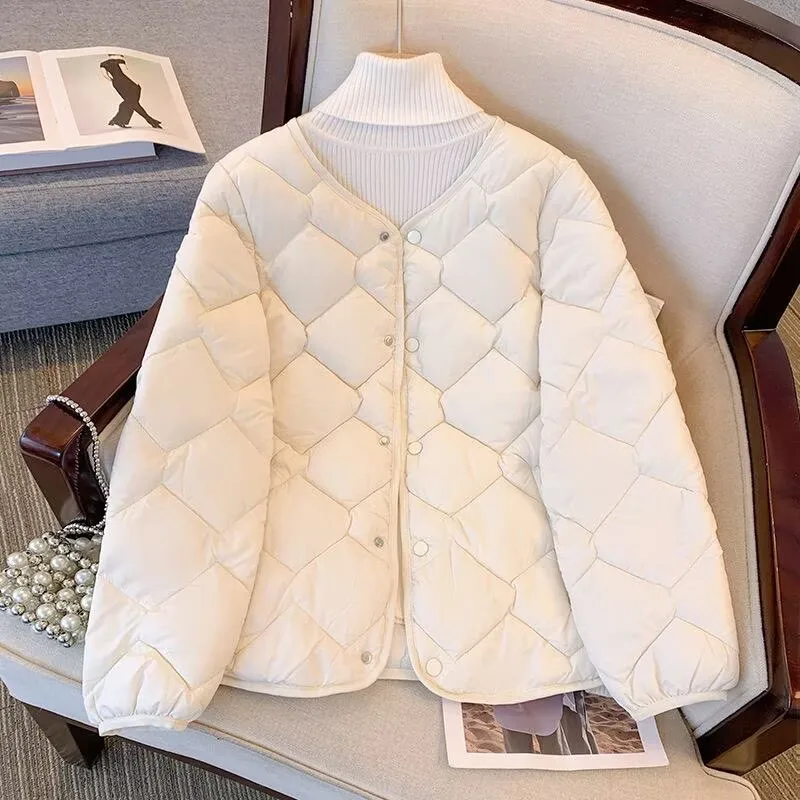 女性秋冬暖かい綿ジャケット軽量襟なしソフトパッド入りジャケットレディースカジュアルルーズシングルブレストキルティングコート