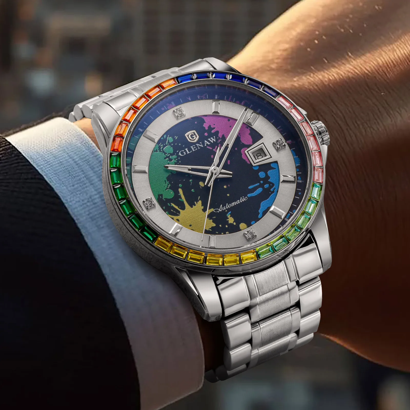 2025年新作 GLENAWデザイン レインボーサークル 機械式腕時計 メンズ グラフィティ文字盤 ナイトライト カレンダー 防水 高級機械式腕時計