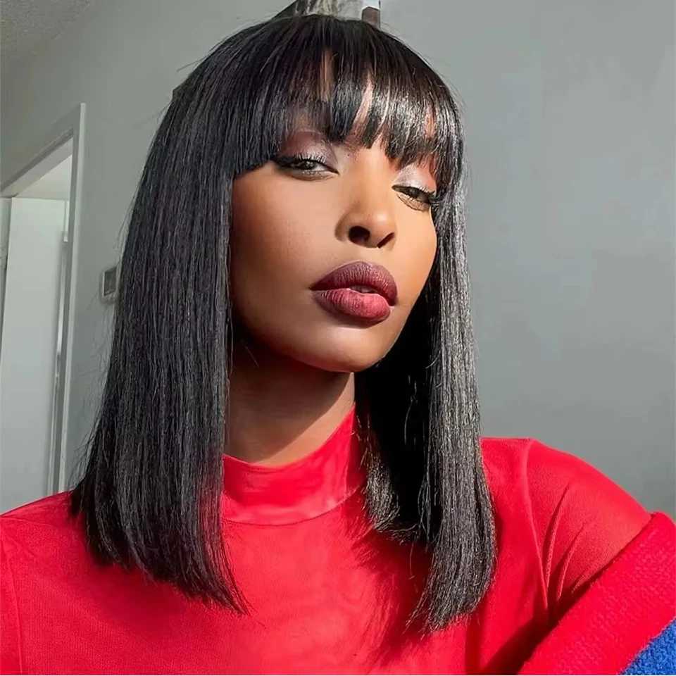 Brazilian Straight Human Hair Wigs With Bangs Fringe 3X1 Middle Part Bob Lace Wigs Realistic Scalp Short Bob Lace Wig With Bangs