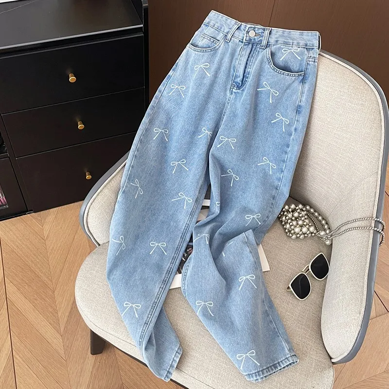 Calças jeans de algodão cintura alta para mulheres, jeans de pernas largas, estampa arco, solta, casual, azul claro, moda coreana, novo, primavera, verão, P660, 2022