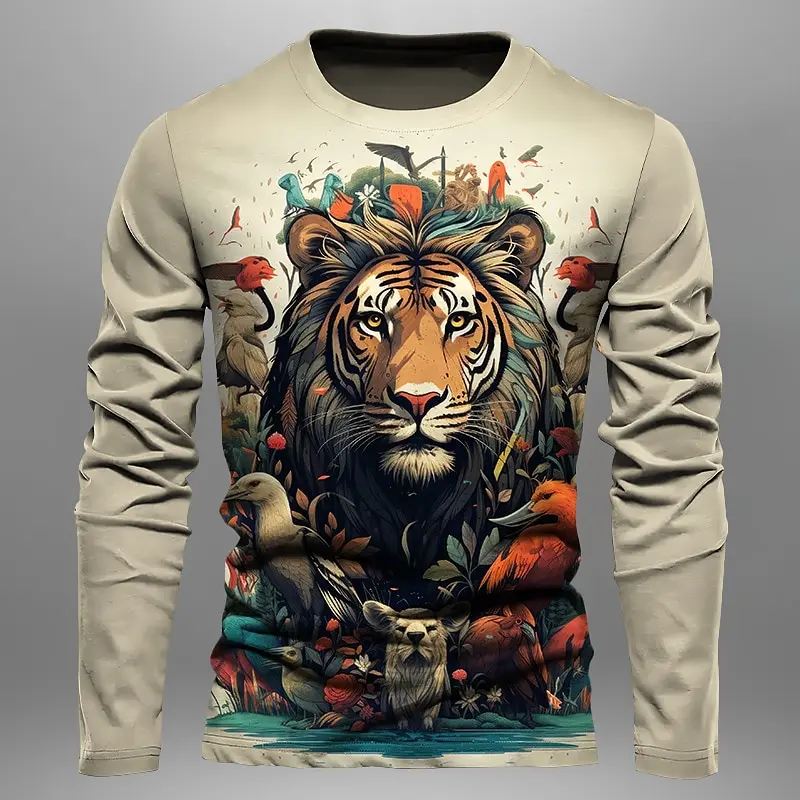 

Funny Tiger Print T Shirt For Men Fashion Comfortable Cotton Long Sleeve T-shirts Casual O-neck Loose Pullover Autumn Men's Tops