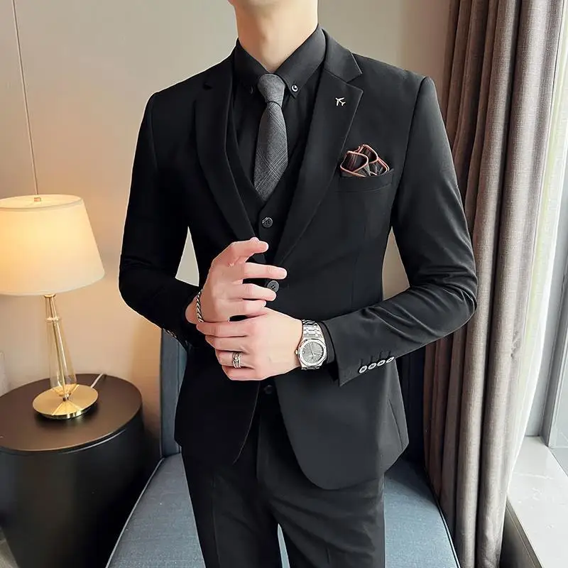 2-C1 Two-button suit, men's high-end dress suit, casual large size slim fit fat man's groom's suit, three-piece trendy suit