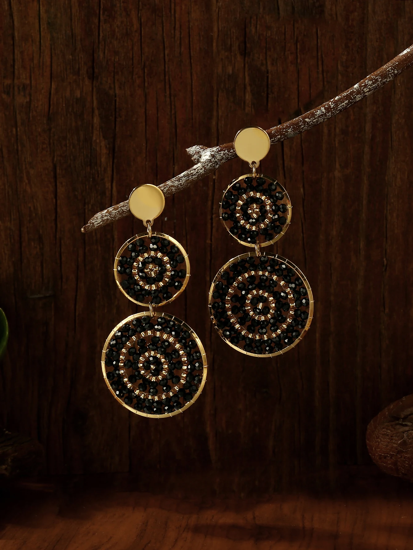 Vintage Double Round Beaded Dangle Earrings for Women Handmade Black Orange Crystal Boho Earrings Fashion Jewelry