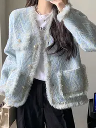 Blue Shiny Silk Tassel Small Fragrant Coat 2023 New Autumn/Winter Women's V-neck Pearl Single Breasted Light Luxury Cardigan