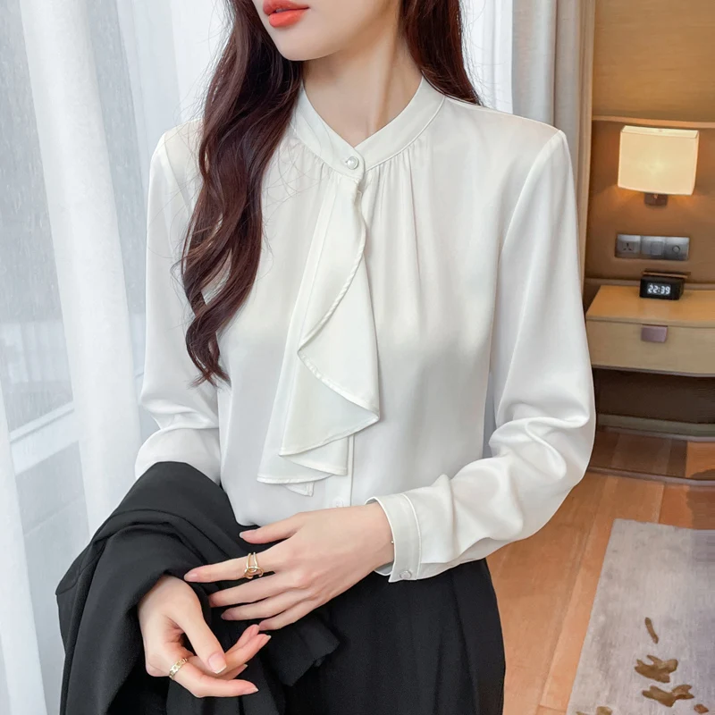 Blusas femininas vintage camisas de cor sólida moda solta verão arco roupas coreanas manga comprida chiffon casual feminino topos