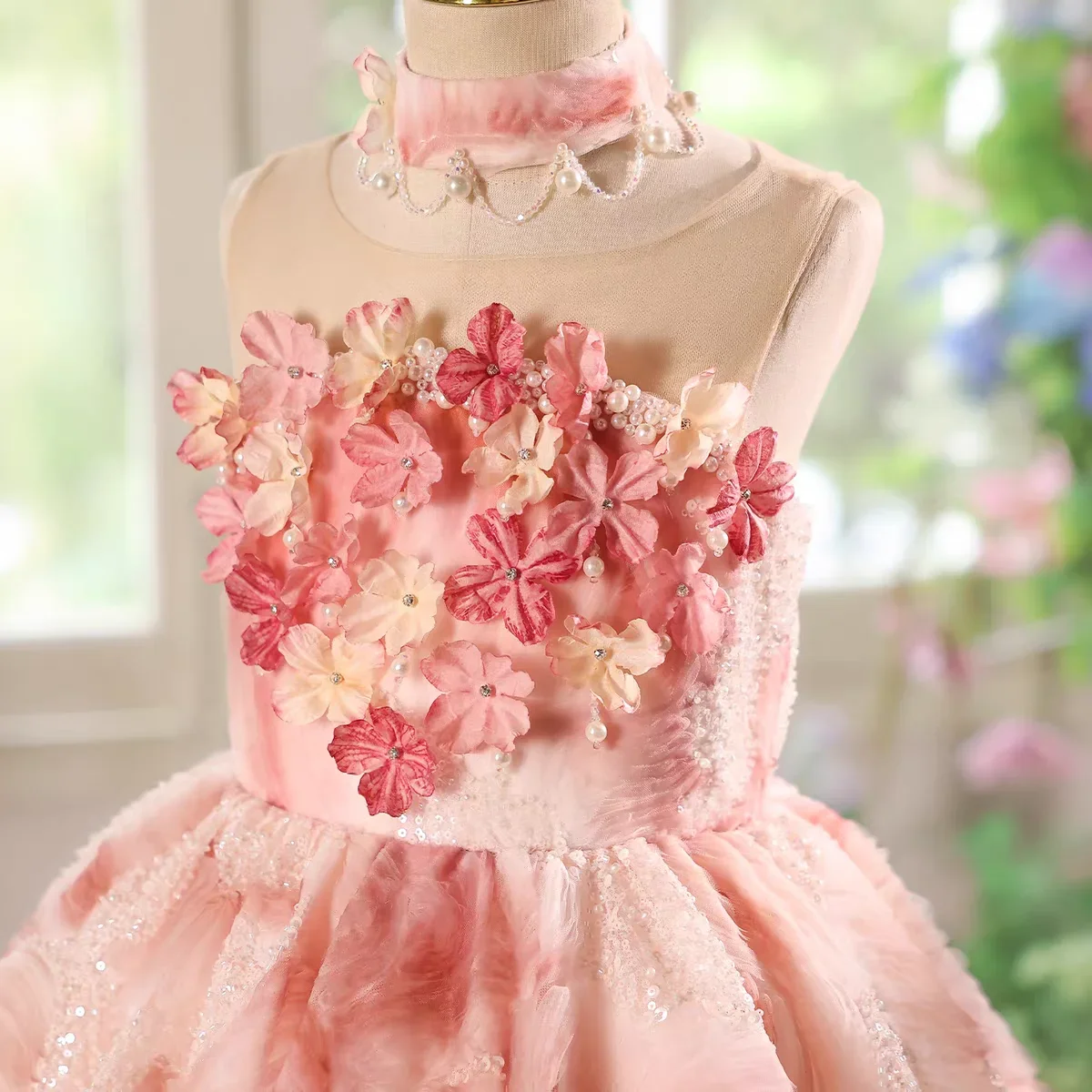Custom Flower Girl Dress Wedding Party Dress First Christmas Outfit 3D Floral Sparkly Princess Gown for Kids Birthday Party