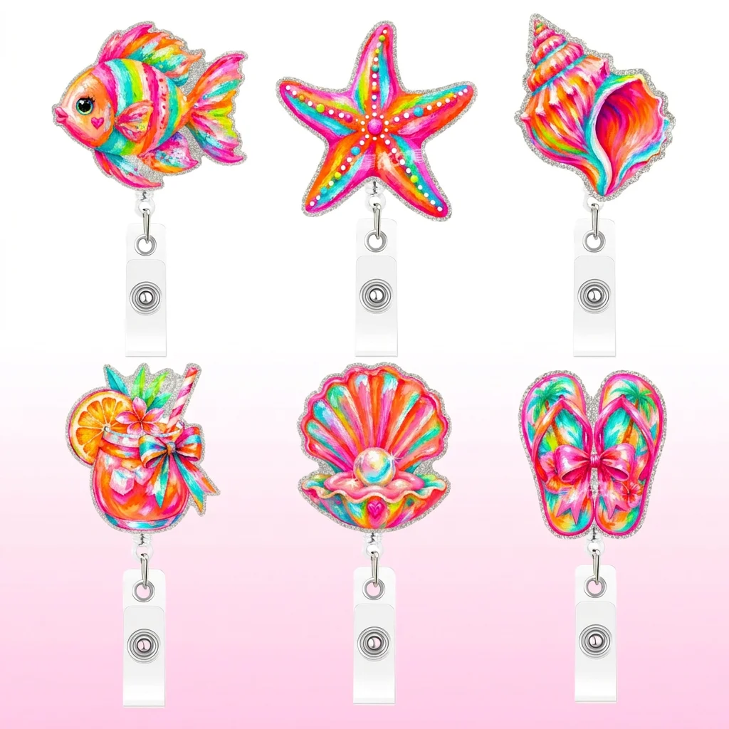 Neon Ocean Badge Holder Glitter Rotating Badge Reel Retractable Badge Reel Trendy For School Name Tag