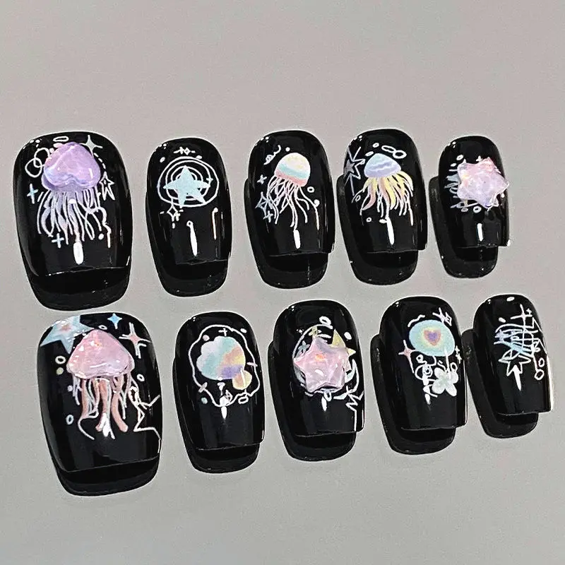 10Pcs/1 Set Women Black Jellyfish Butterfly Handmade Cat Eye High-end Press on Nails Short Square Trend Nail Stickers Nail Art