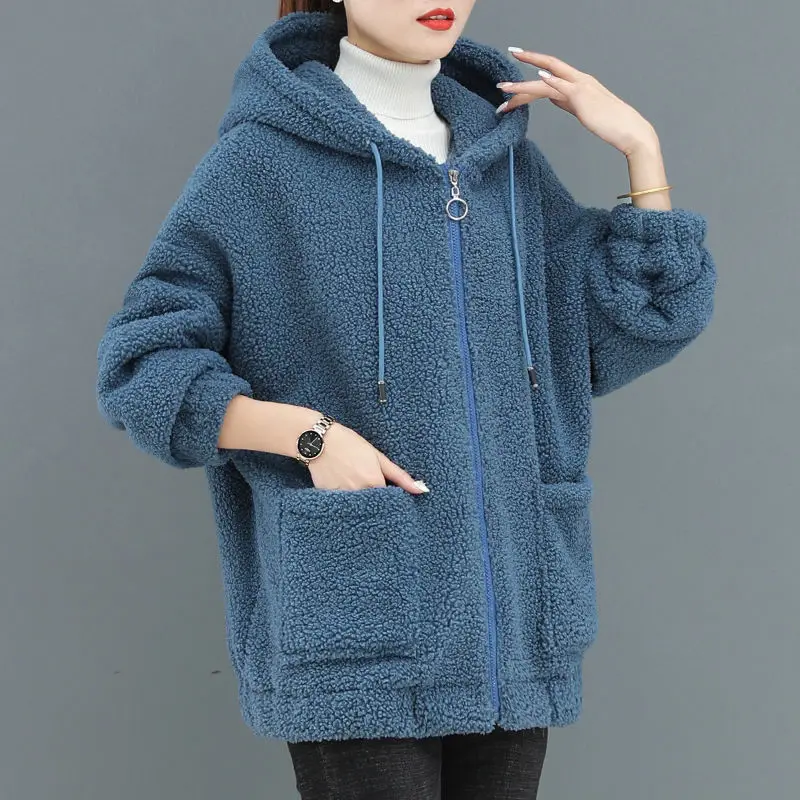 Middle Elderly Aged Mothers Clothing Lamb Cashmere Sweater Hooded Pockets Solid Streetwear Style Loose Keep Warm Coat Hoodies