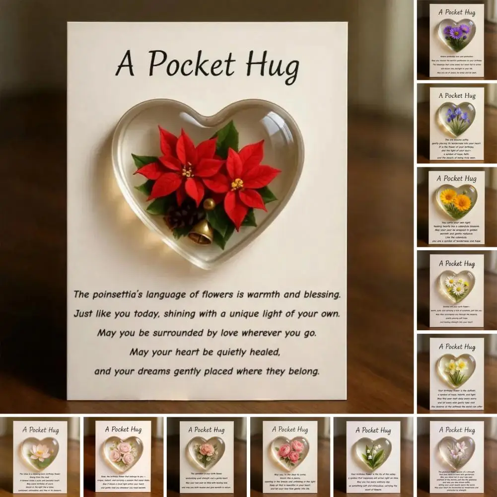 Tarjeta de abrazo de bolsillo, abrazo de bolsillo con flor de nacimiento con poemas curativos, tarjeta de mensaje curativo, arreglo floral en miniatura