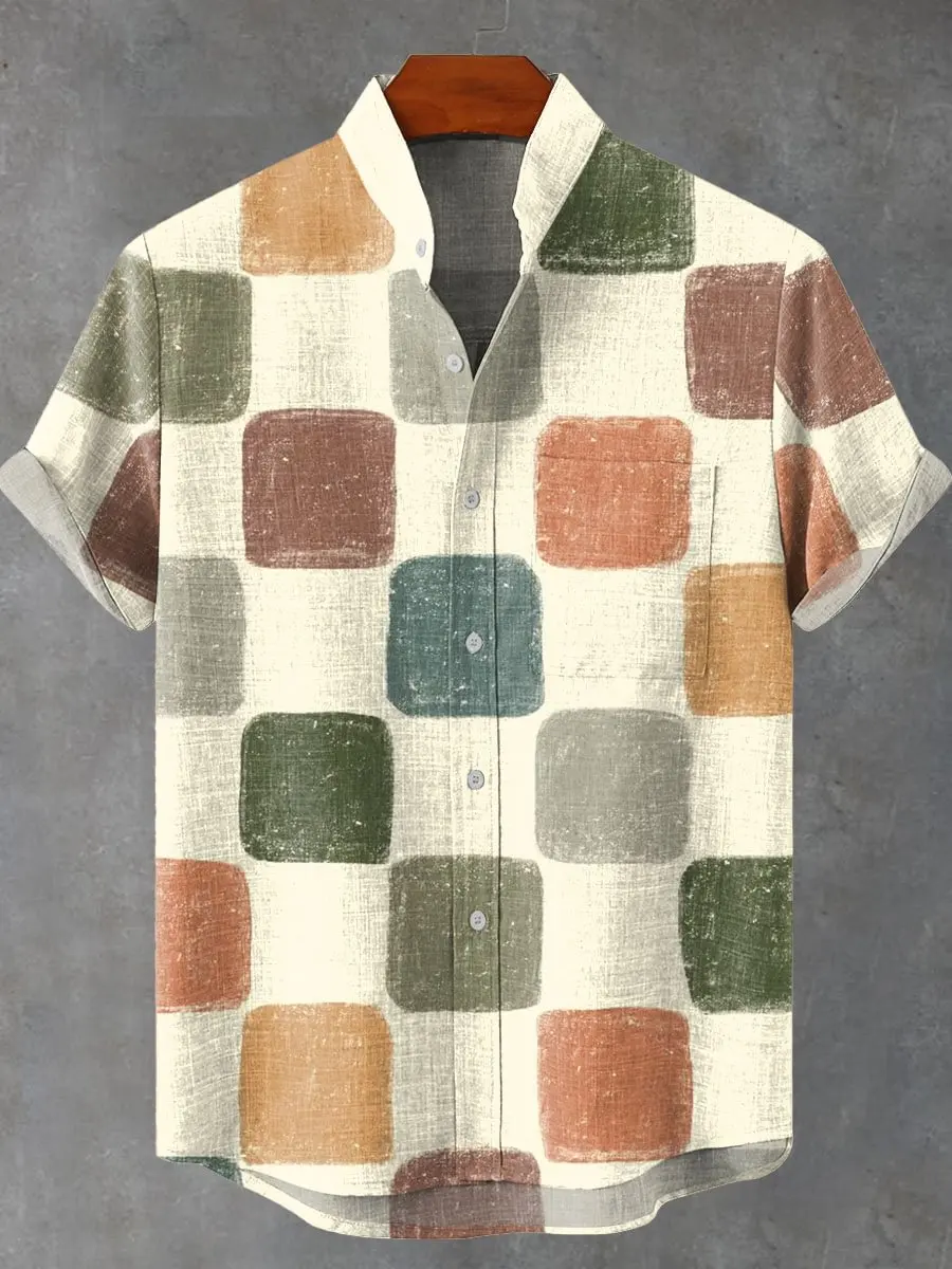 قميص رجالي كاجوال فضفاض مطبوع عصري جديد، قميص كتان عصري خفيف الوزن وجيد التهوية مناسب للسفر في الهواء الطلق